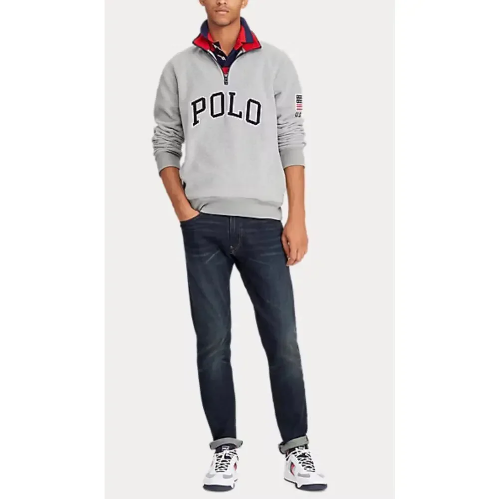 Polo Ralph Lauren 1/4 Zip Fleece USA Flag Gray Navy Pullover Preppy Spellout XL